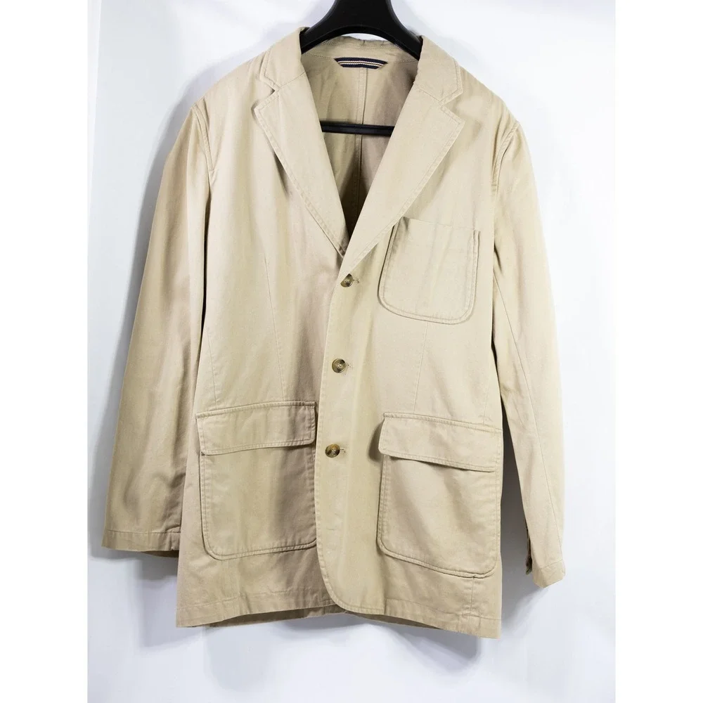 Mens Khaki Cotton Twill 3-Button Field Blazer Jacket Tan Tailored Sport Coat